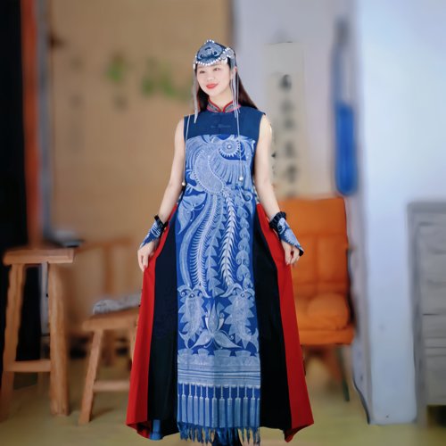 草木染蜡染拼接长裙女复古民族风立领无袖国风连衣裙四季款潮搭