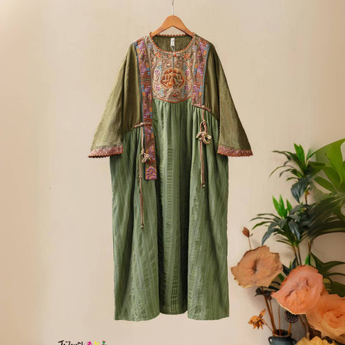 楚馨原创棉麻重工刺绣袍子国风文艺复古民族风宽松提花长袖连衣裙