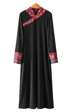 新中式原创文艺复古设计师高定民族风斜襟式刺绣弹力小立领连衣裙