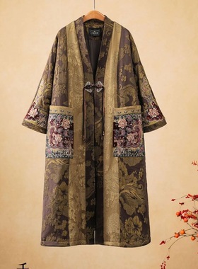 千椿物喜定制国风棉衣外套女长款人丝提花刺绣 复古文艺加厚秋冬