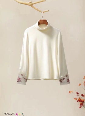 楚馨新中式文艺设计师原创文艺复古民族风高领刺绣高弹棉百搭打底