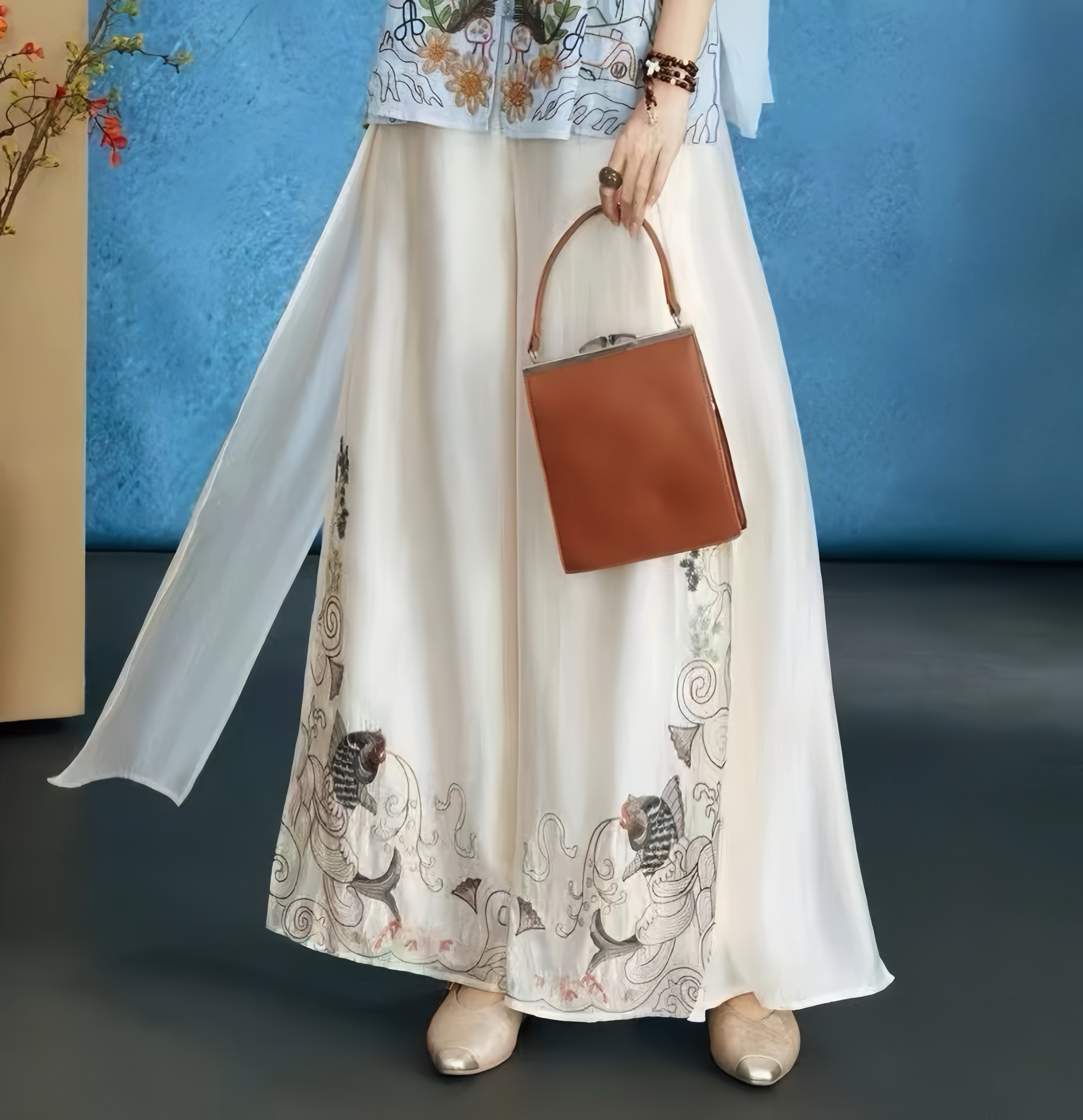 楚馨千椿物喜新中式国风重工刺绣半松紧高腰百搭米杏色阔腿裤长裤