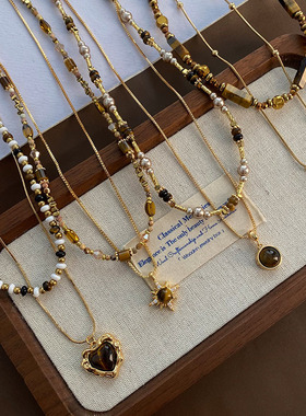 复古天然虎眼石锁骨链女轻奢小众叠戴串珠项链颈链毛衣链2025新款