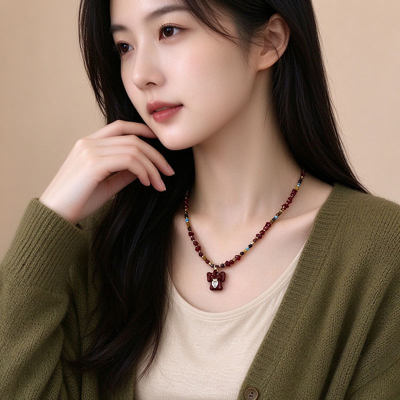 红玛瑙彩色串珠项链女小象吊坠复古民族风小众百搭锁骨链配饰热卖