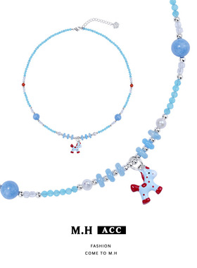 可爱蓝色撞色小马串珠项链女款轻奢小众时尚精致百搭多巴胺锁骨链