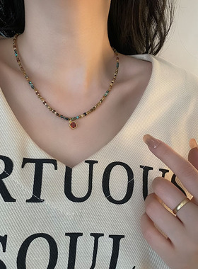 天然石手工串珠项链珍珠欧美风轻奢小众红锆石吊坠钛钢镀真金