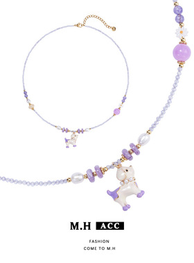 夏季小清新可爱紫色小狗锆石项链女款轻奢时尚日常通勤百搭锁骨链