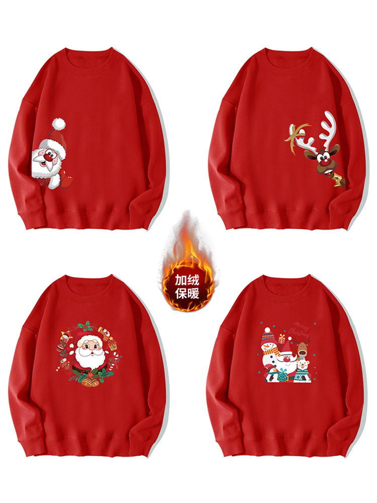 Red Pullover Sweatshirt for Women, Fleece-Lined, Round Neck, Autumn and Winter, Santa Claus, Reindeer, Couple Outfit, Merry Christmas