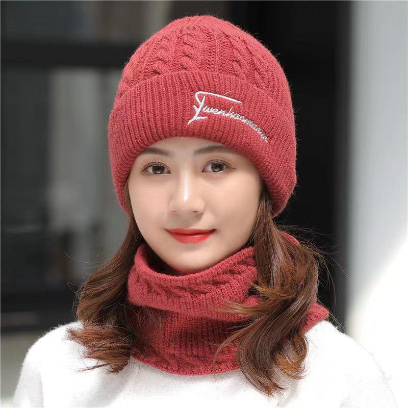 帽子女冬季韩版青年加绒加厚毛线帽女帽护耳帽子围脖套针织帽骑