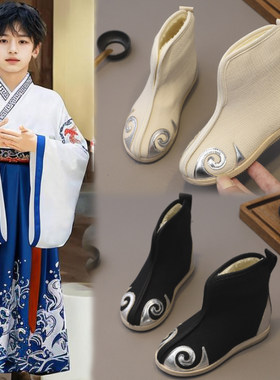 国风汉服鞋男童古装靴子儿童表演出春秋季新款加绒2025手工布鞋