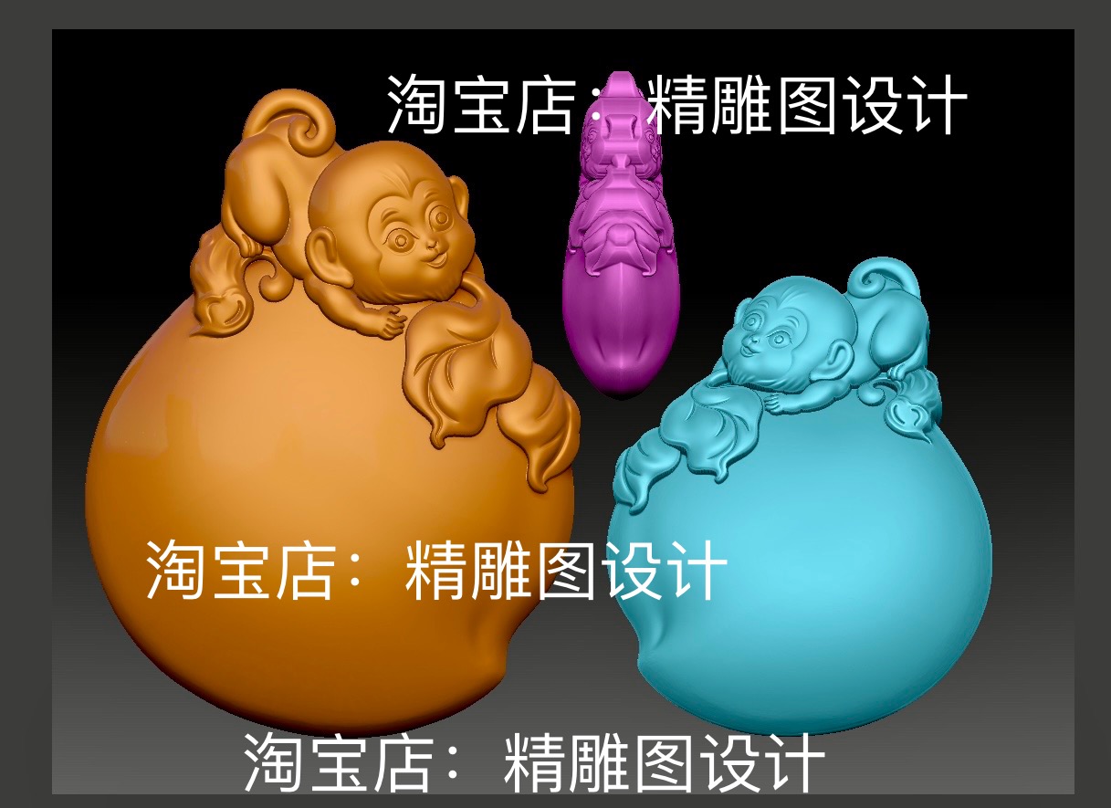 Stl31蟠桃猴子圆雕图小猴挂件精雕图生肖猴子挂件浮雕图3d图纸