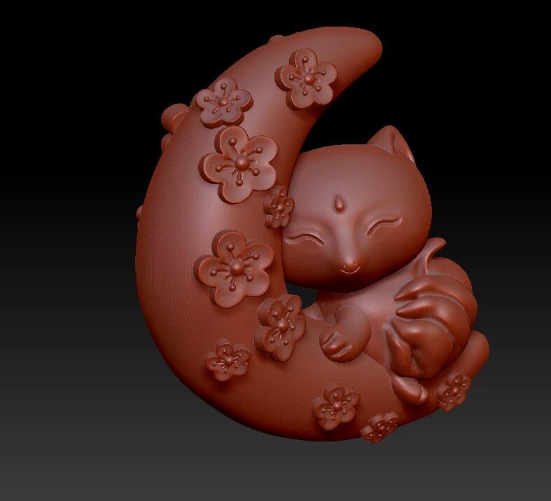 STL狐仙32圆雕图月亮小狐狸三维立体精雕图stl文件雕刻机3d模型图