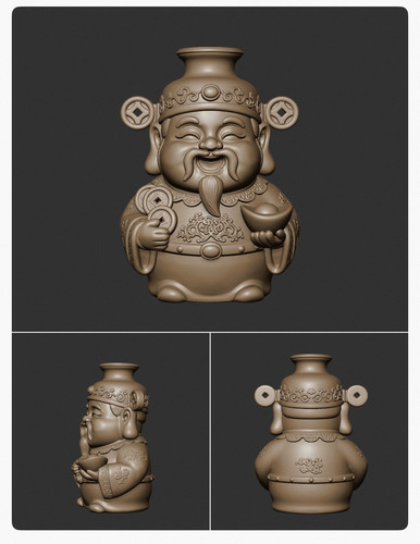 StlQ版财神花插圆雕图 精雕图 机雕图纸 玉雕木雕通用3D模型图纸