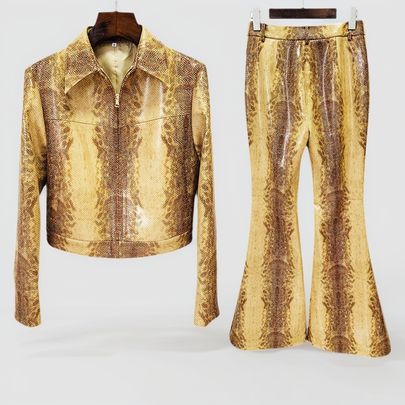 蛇皮纹PU皮衣短外套微喇长裤套装