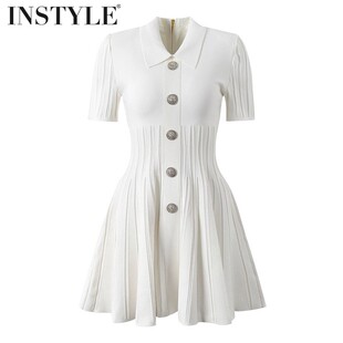 显瘦A字连衣裙 14针细腻针织修身 2026春夏深圳高版 本POLO翻领短袖