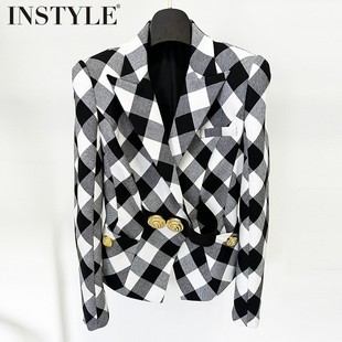 现货2025秋季南油高货大金属扣饰收腰黑白格子西装夹克通勤外套女