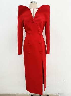 现货2026新款法式设计感深V领长袖包臀开叉长裙喜庆红色晚礼服女