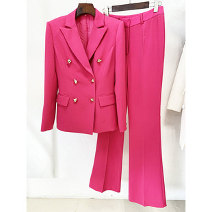 喇叭长裤 外套修身 两件套女 欧美明星玫红色双排扣西装 现货2026新款