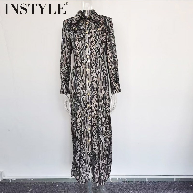 性感蛇皮纹印花衬衫领长裙连衣裙
