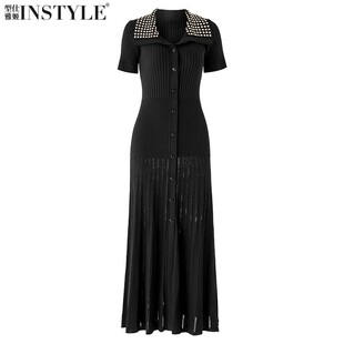 长裙连衣裙 单排扣针织修身 现货2026春夏新款 深圳高货烫钻翻领短袖