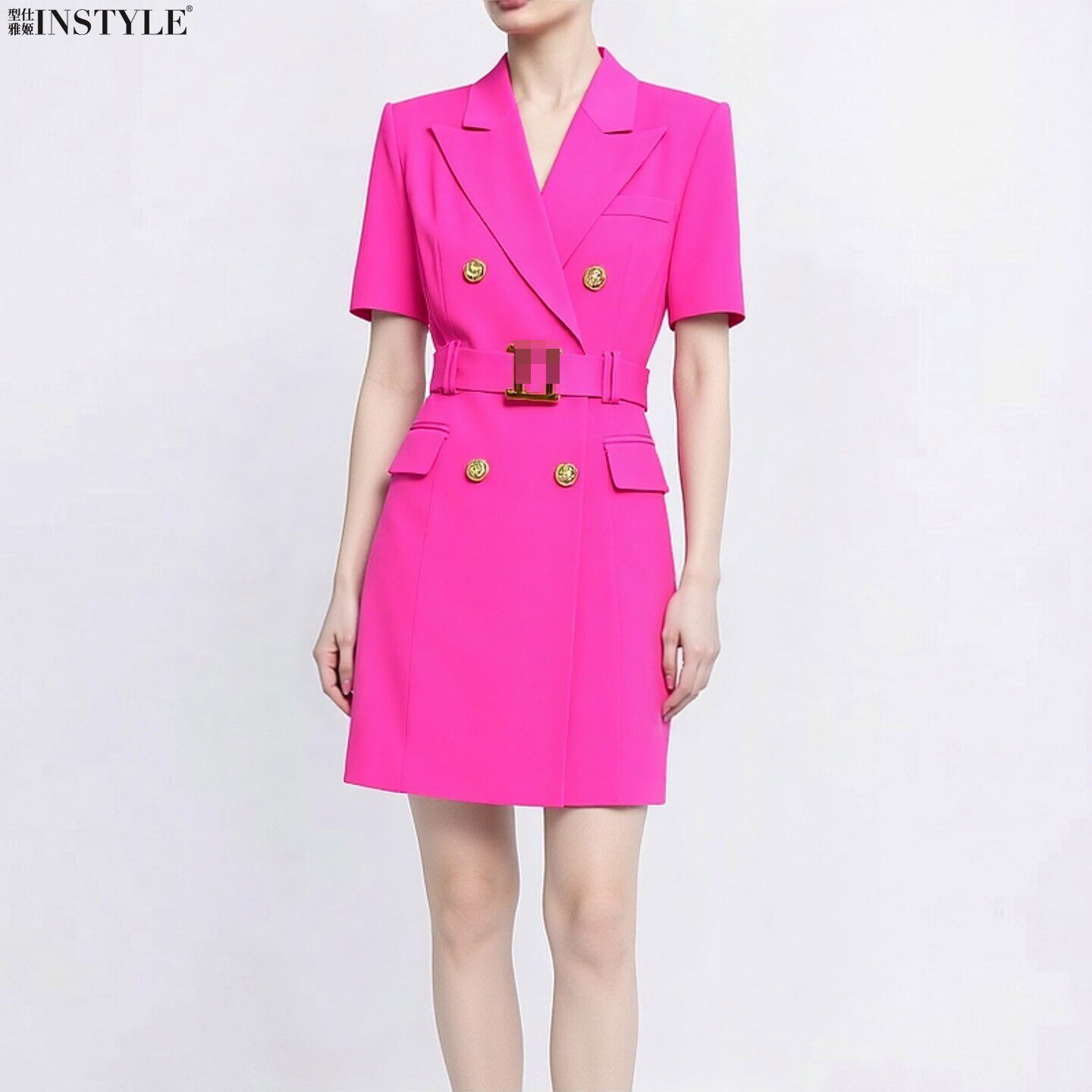 现货2026春夏新款欧美明星洋红色西装领短袖双排扣系带通勤连衣裙