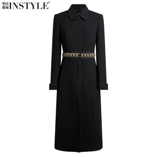 现货2026秋冬新款欧美POLO领钉珠镶钻徽章收腰毛呢外套呢子大衣女