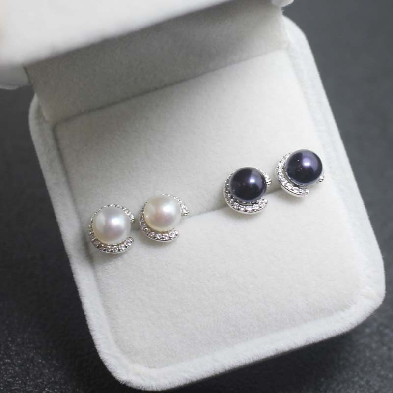 925纯银半圆C型微镶锆石冷淡风淡水馒头珍珠韩国简约大气耳钉女