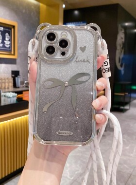可斜挎适用iPhone15手机壳14的苹果13promax闪粉电镀蝴蝶结12全包ip11十三新款女款斜挎带挂绳xsmax小众8plus