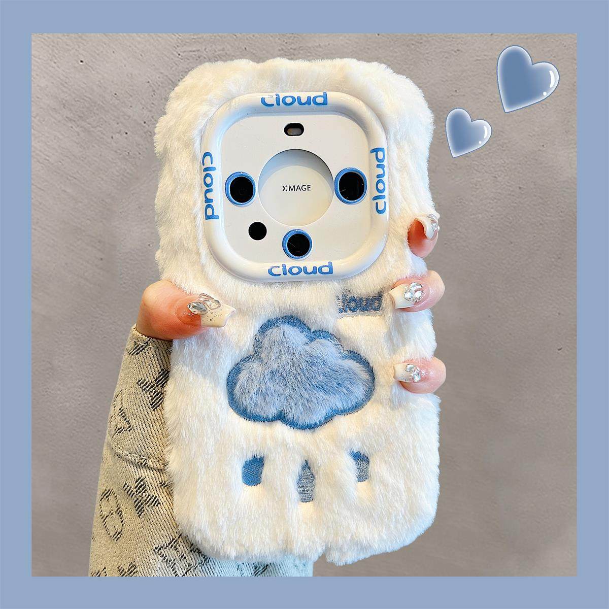 适用华为mate60pro+保护壳秋冬白毛绒云朵蓝mate60简约新款编织手绳高级感毛茸茸情侣女款全包硅胶保暖保护套