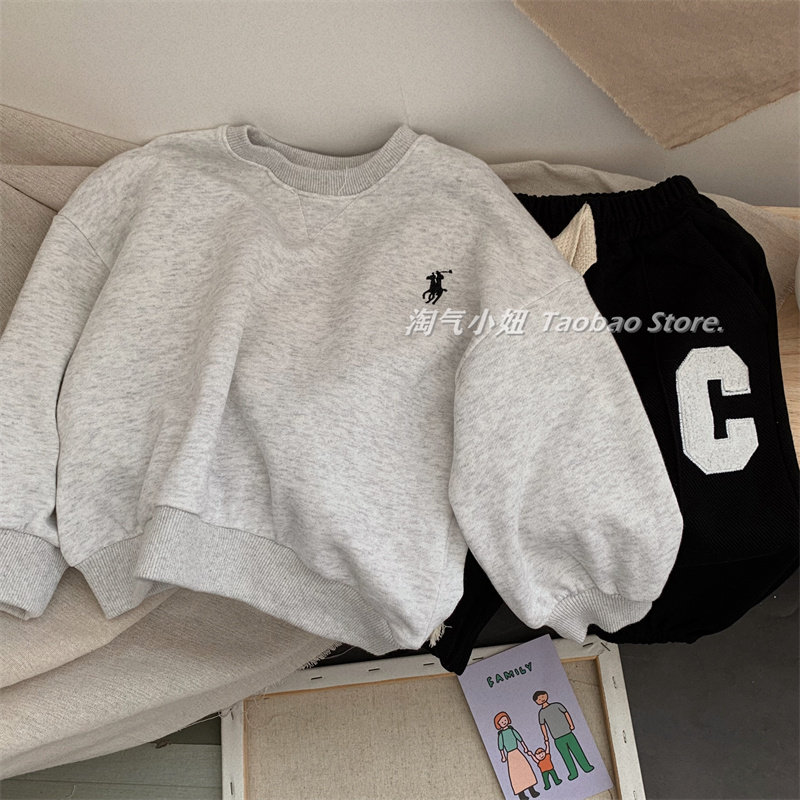 淘气小妞韩版春秋新款男童女童洋气卫衣简约高级小孩宝宝套头上衣