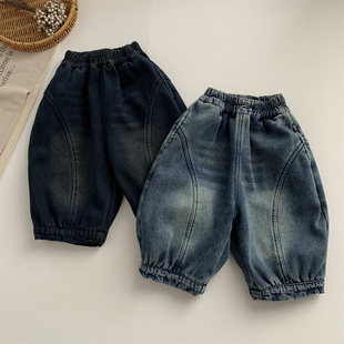 淘气小妞一体绒男童加绒牛仔裤秋冬新款女童宝宝加厚保暖灯笼裤子