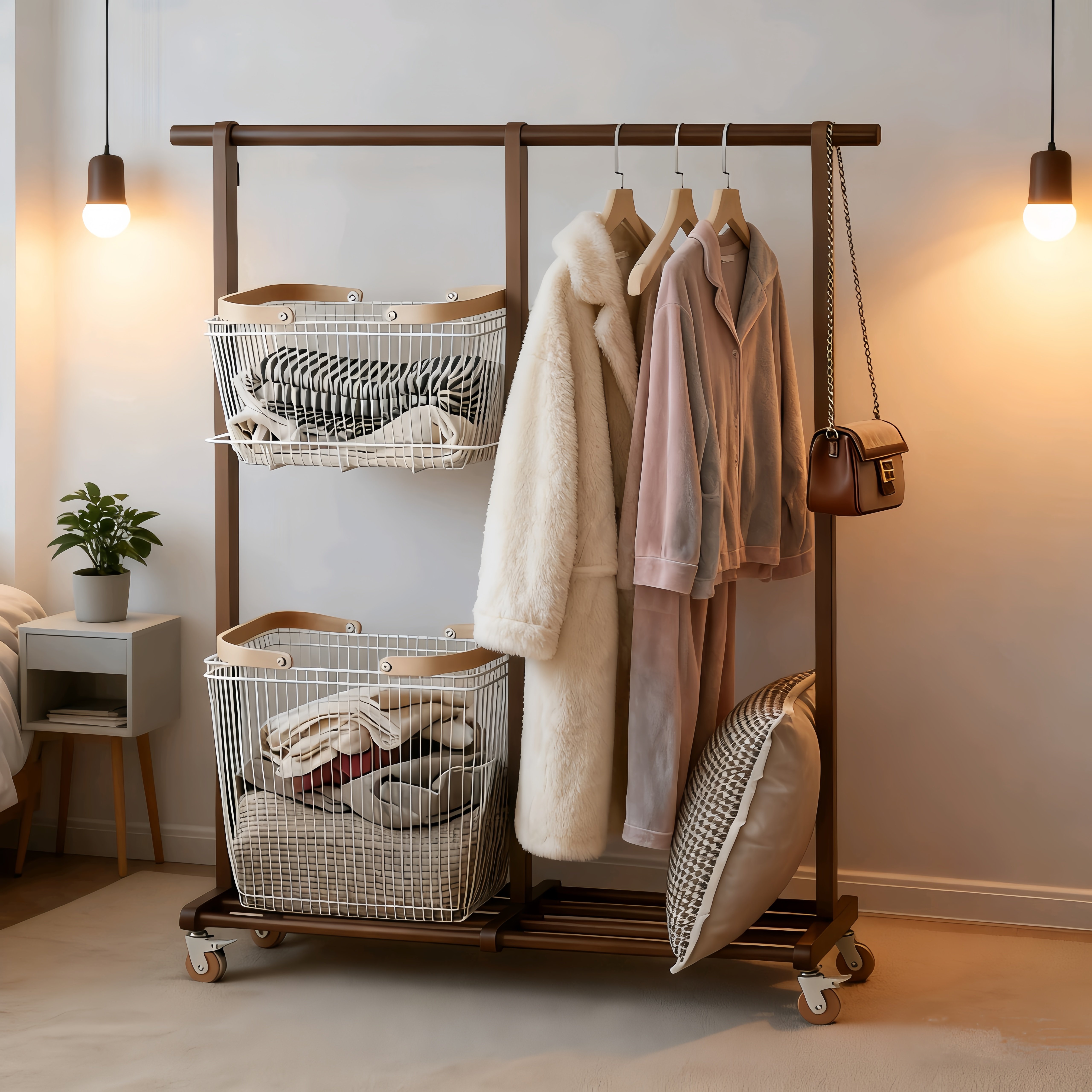 实木落地可移动挂衣架卧室床边衣帽架家用多功能脏衣篓收纳置物架