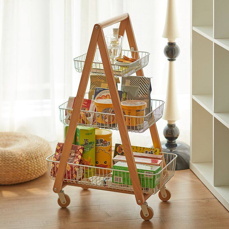 实木家用零食置物架可移动小推车