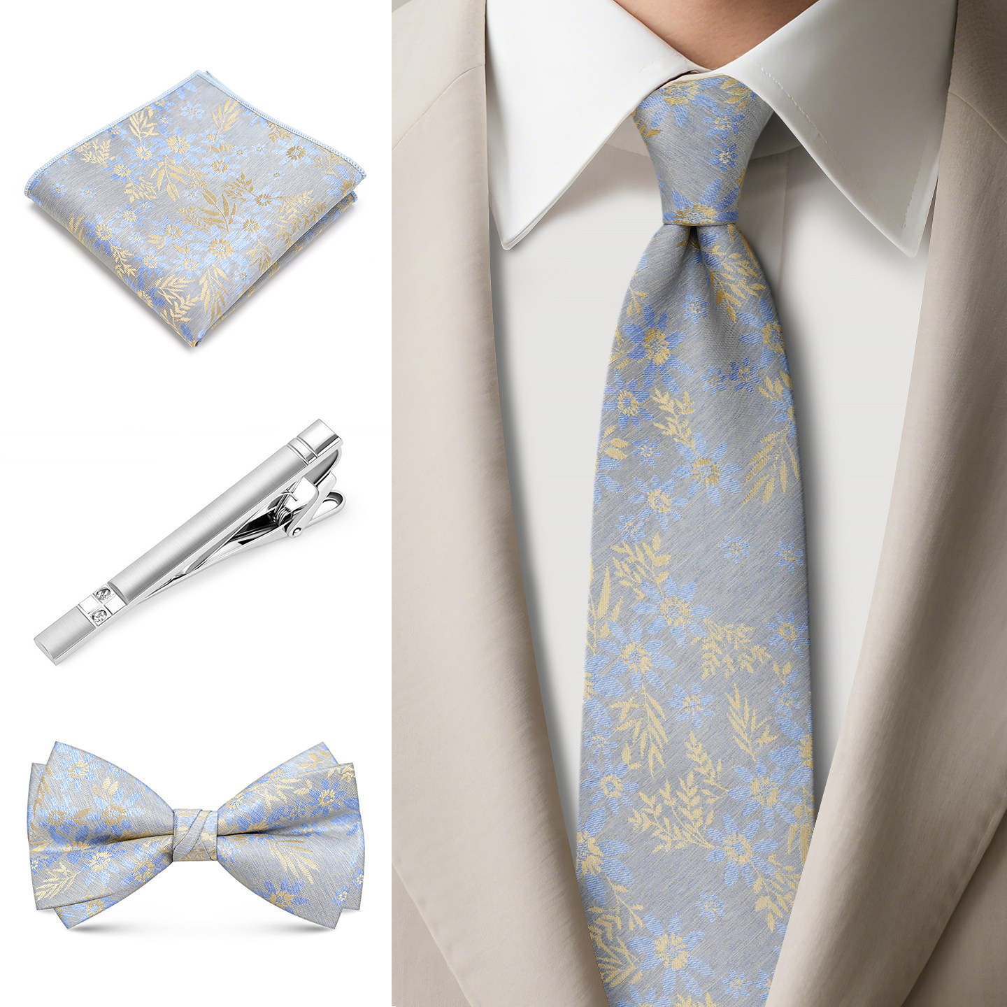 灰色花卉领带男士正装高档时尚双层领结商务领夹口袋巾蝴蝶结套装,服饰配件/皮带/帽子/围巾,领带,淘宝优惠券,粉丝福利购,淘宝优惠卷