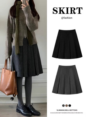毛呢半身裙女秋冬新款灰色中长裙高腰百褶裙小个子百搭a字短裙子