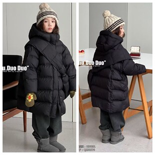 牛哆哆男女童中长款黑色羽绒服连帽宽松保暖羽绒外套 2025新款