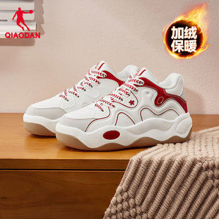 运动皮面厚底增高休闲鞋 乔丹女款 新款 2025冬季 子 红色加绒保暖棉鞋