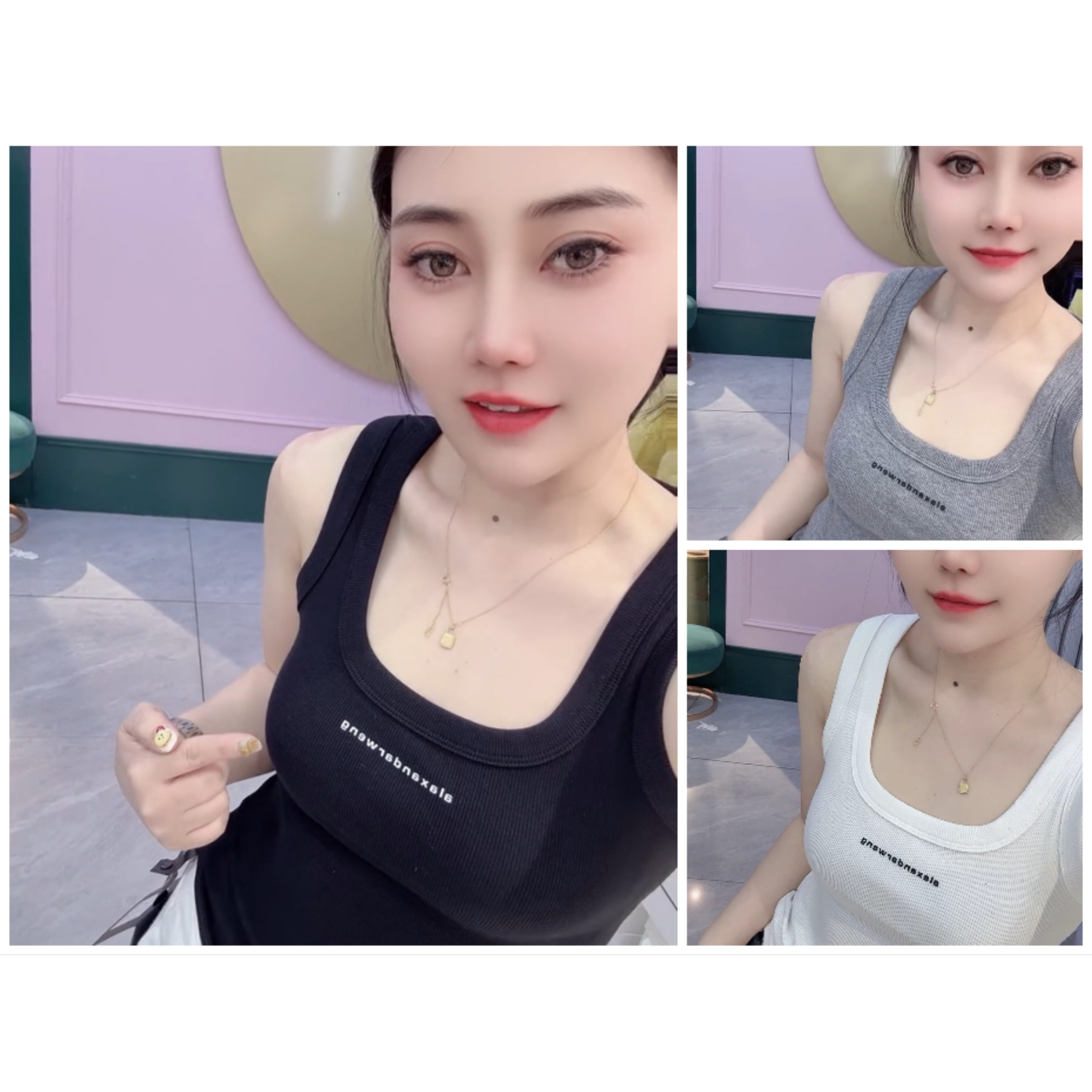 棉吊带无袖背心女春夏西服内搭遮副乳外穿字母修身打底衫纯色上衣