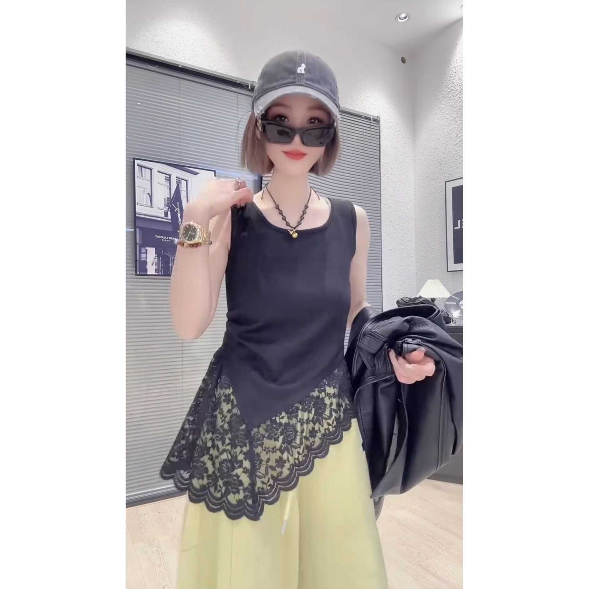 卫衣叠穿打底无袖背心女外套内搭棉质拼蕾丝中长款衫春夏遮屁股衫
