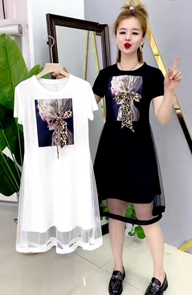 21夏季女装短袖T恤裙子韩版假两件网纱裙黑色显瘦中长款连衣裙潮