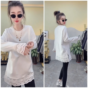 打底衫 秋冬宽松加绒内搭中长款 上衣 T恤女5新款 欧货白色蕾丝边长袖