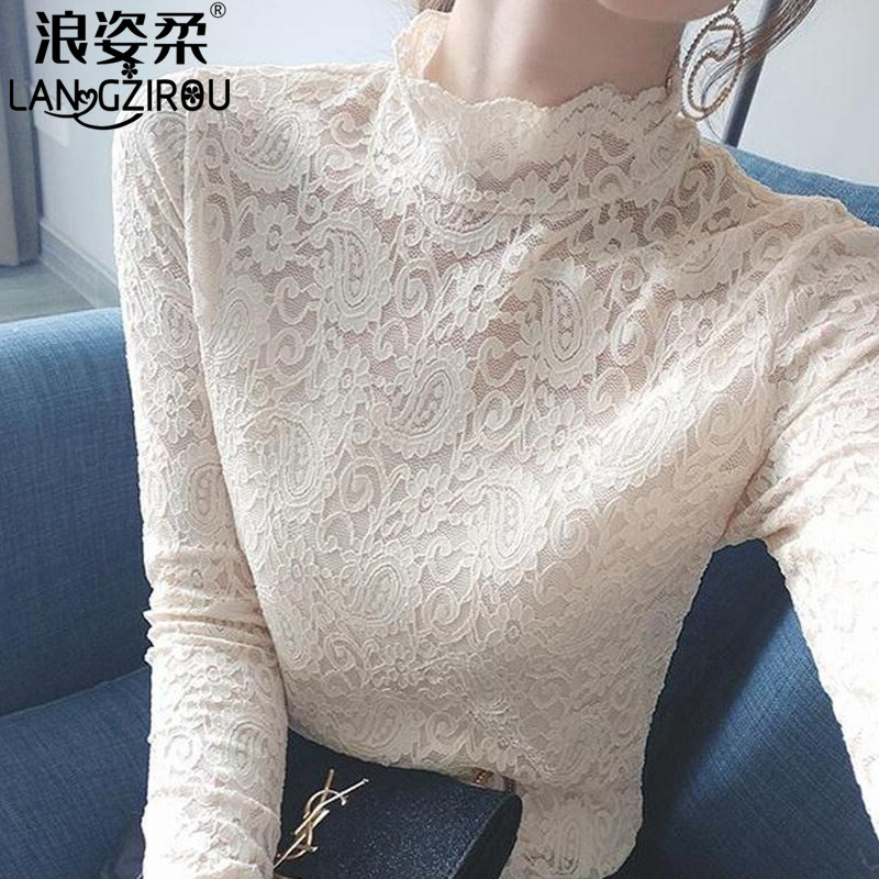 女士保暖内衣女加绒加厚单件上衣秋冬季外穿半高领蕾丝打底衫秋衣