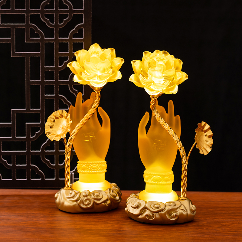 佛供灯琉璃莲花灯七彩佛手灯佛灯家用LED长明灯电供花佛前手捧花