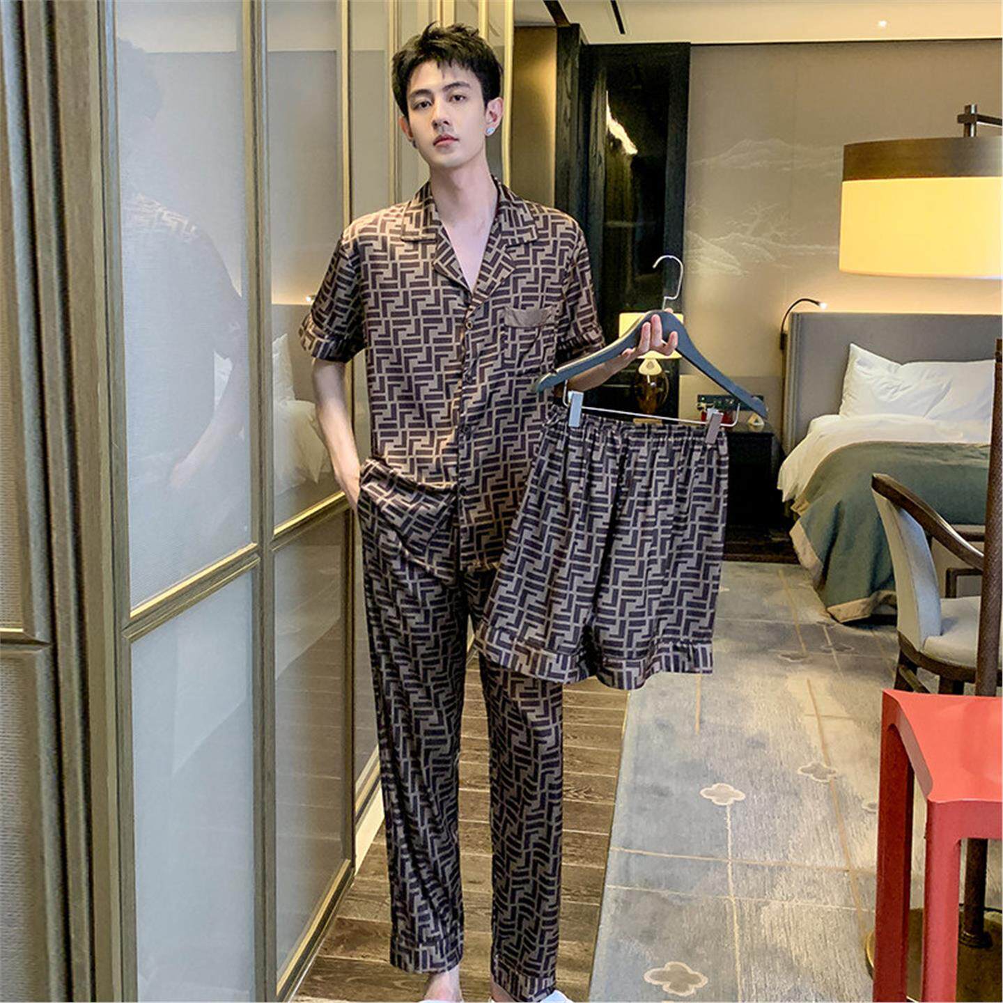 真丝睡衣男士春秋季短袖长裤三件套装桑蚕丝高级感大码轻奢家居服