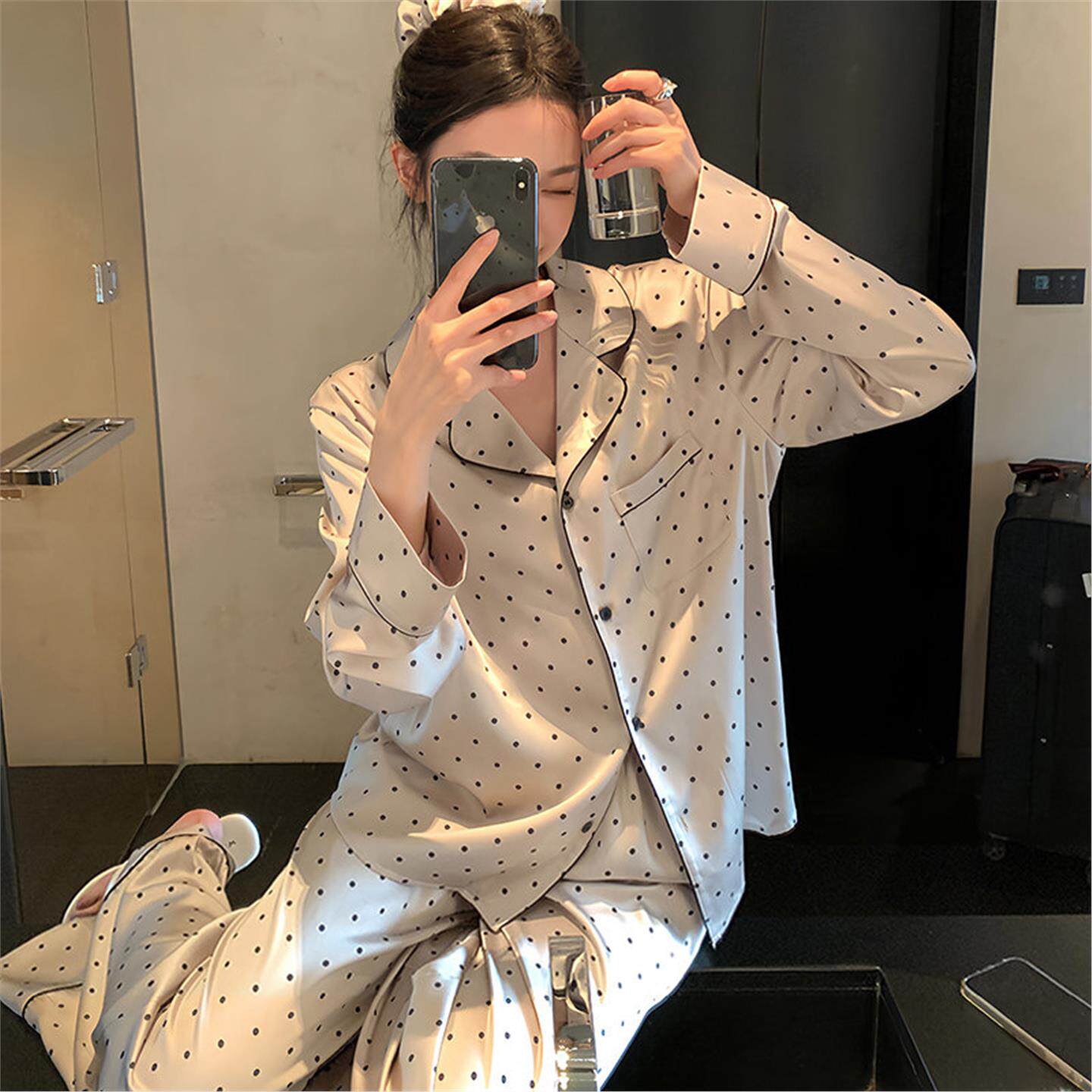 波点真丝睡衣女士春秋季长袖长裤套装桑蚕丝高级感薄款大码家居服