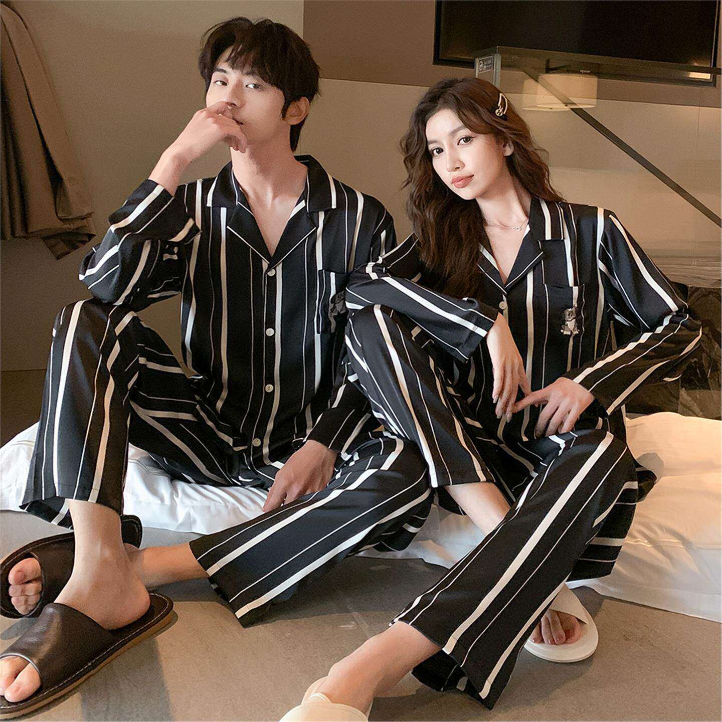 条纹真丝睡衣情侣2026春秋季长裤长裤套装桑蚕丝时尚高级感家居服