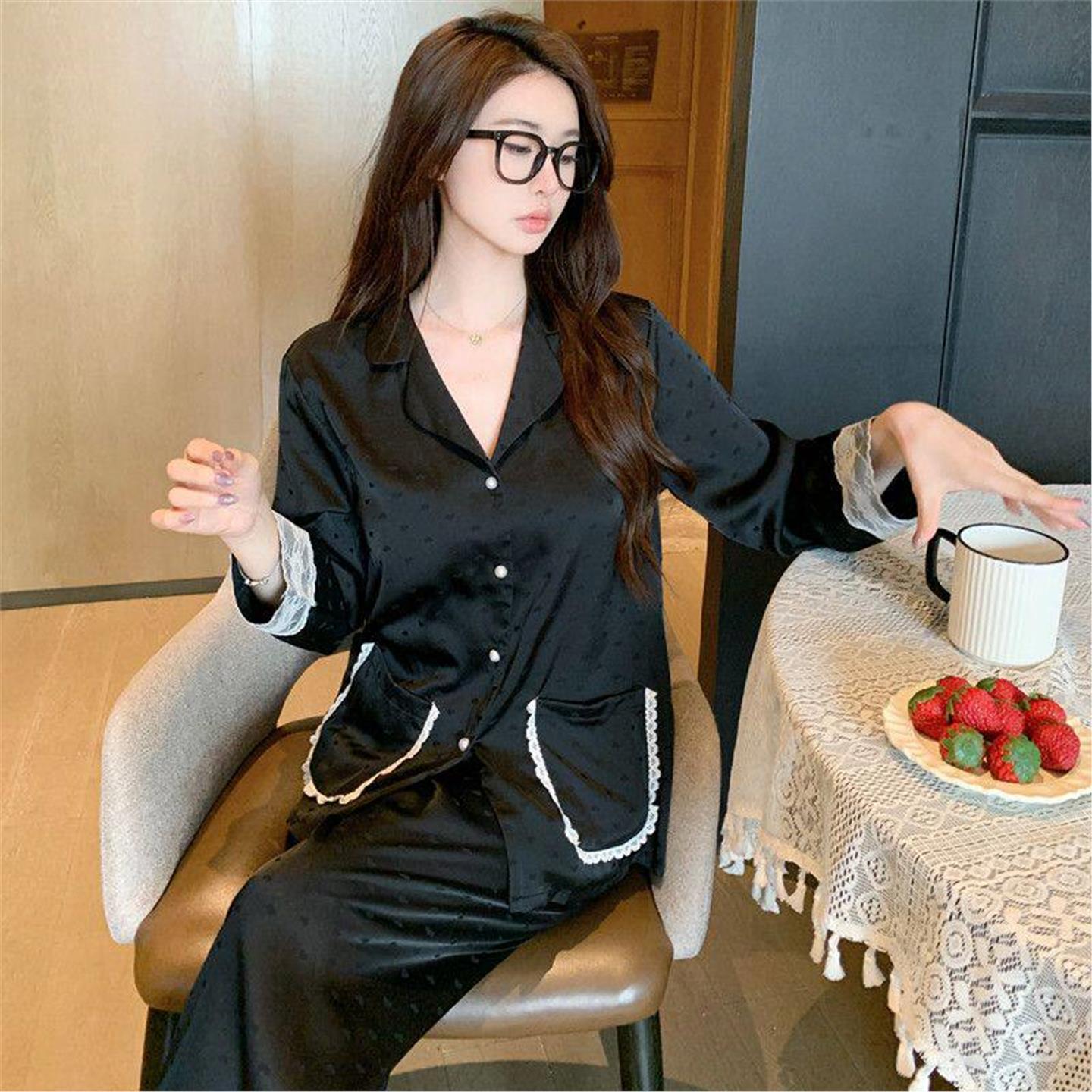 真丝睡衣女士春秋季长袖长裤套装桑蚕丝法式高级感黑色爱心家居服