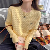 打底衫 小香风上衣刺绣长袖 内搭2025新款 黄色低圆领针织毛衣女秋季