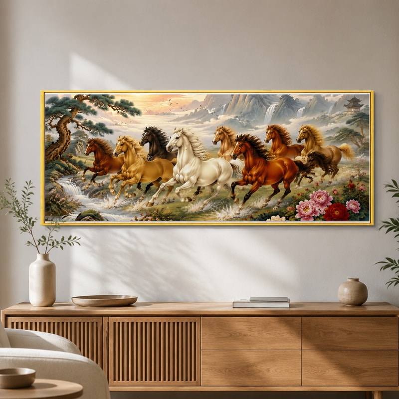 八骏图十字绣客厅挂画手工DIY材料包中国风国潮山水画新中式