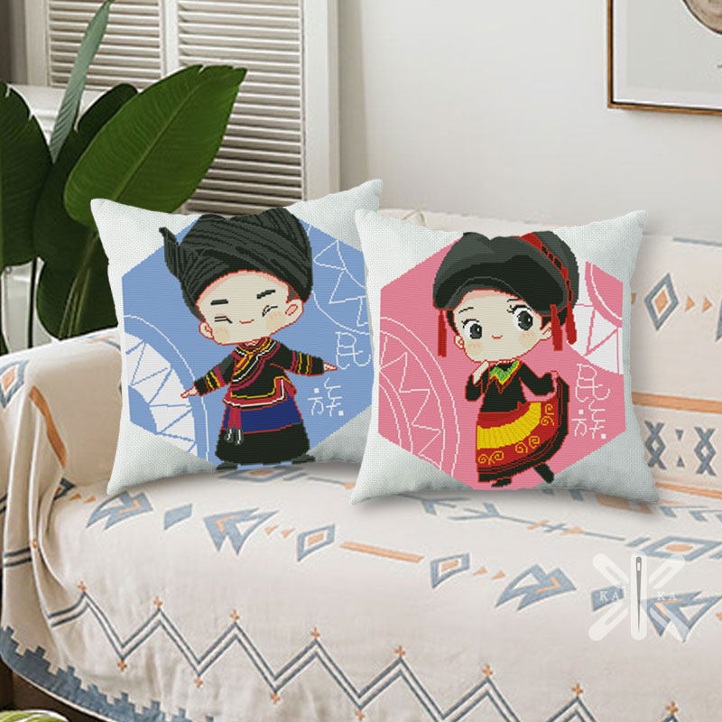 十字绣抱枕自己绣中国风民族娃娃卡通彝族情侣一对手工线绣简约绣